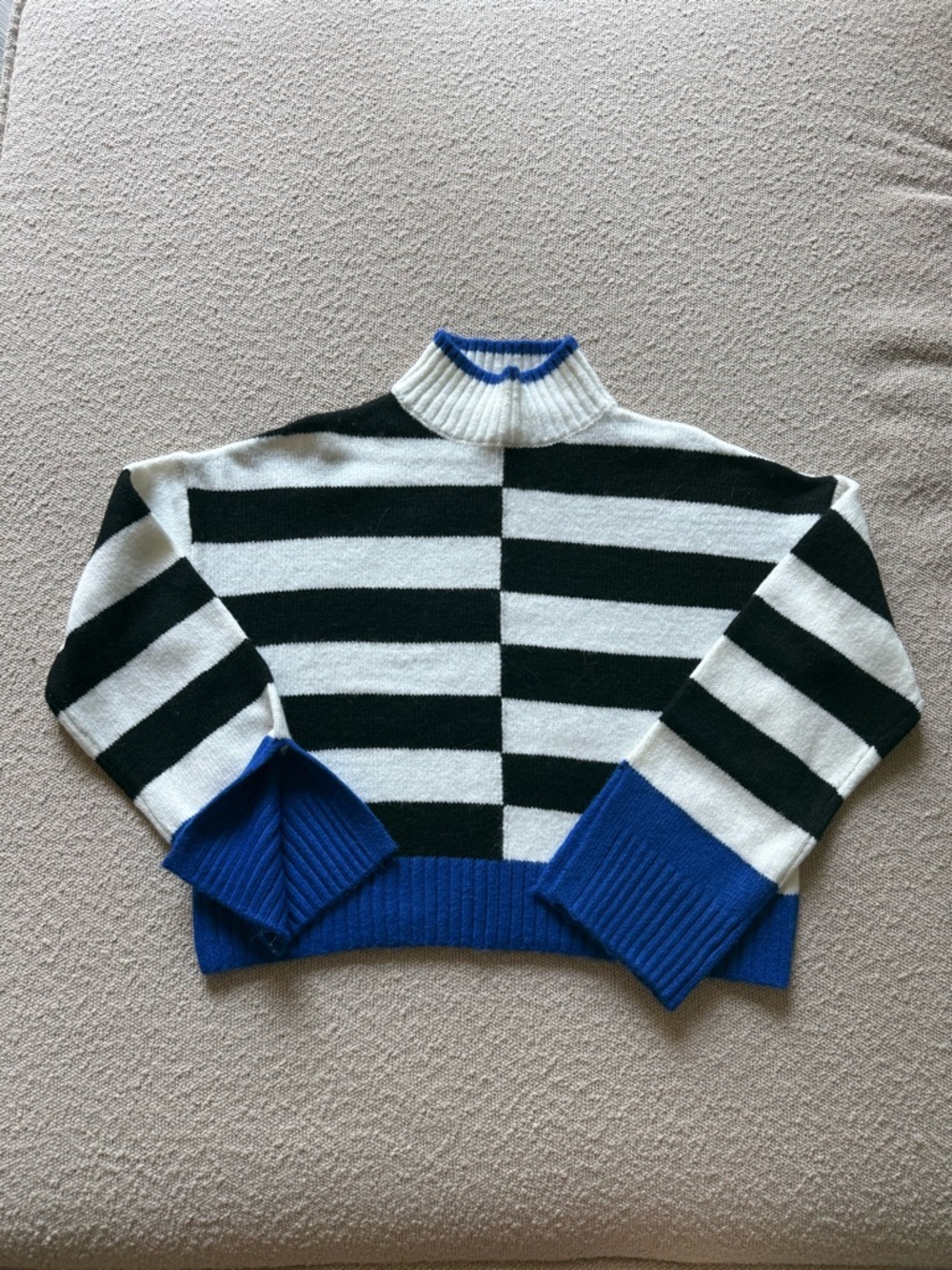 William Rast White & Black Striped Knit Top with Blue Trim